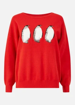 Tops>Yumi Red Christmas Festive Penguin Knitted Jumper