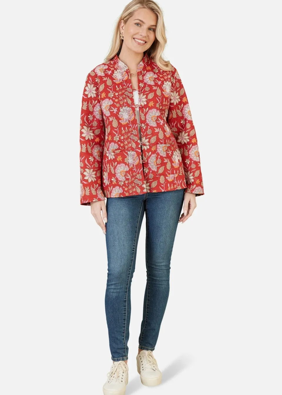 Coats & Jackets>Yumi Red Floral Print Reversible Cotton Quilted Jacket