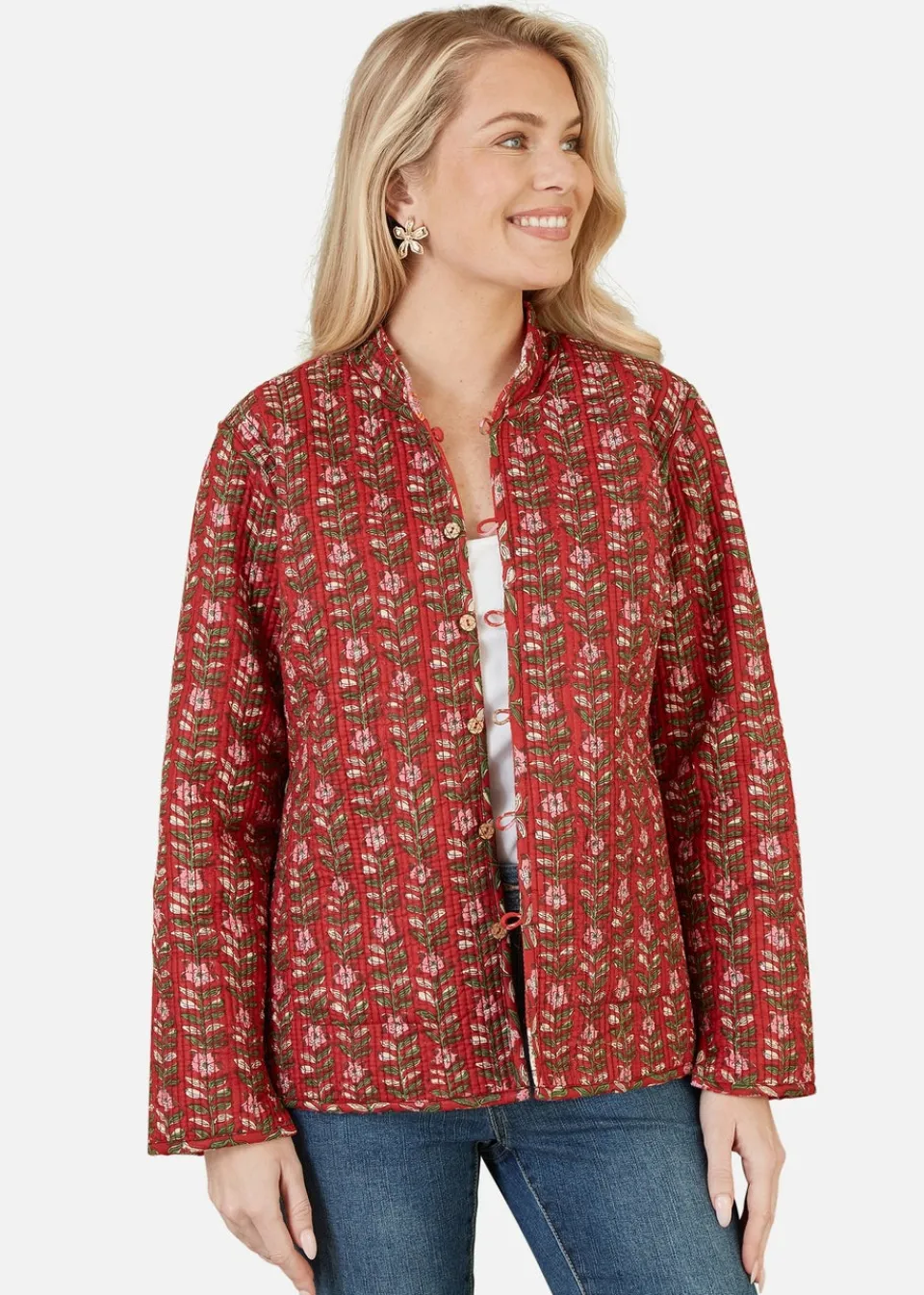 Coats & Jackets>Yumi Red Floral Print Reversible Cotton Quilted Jacket