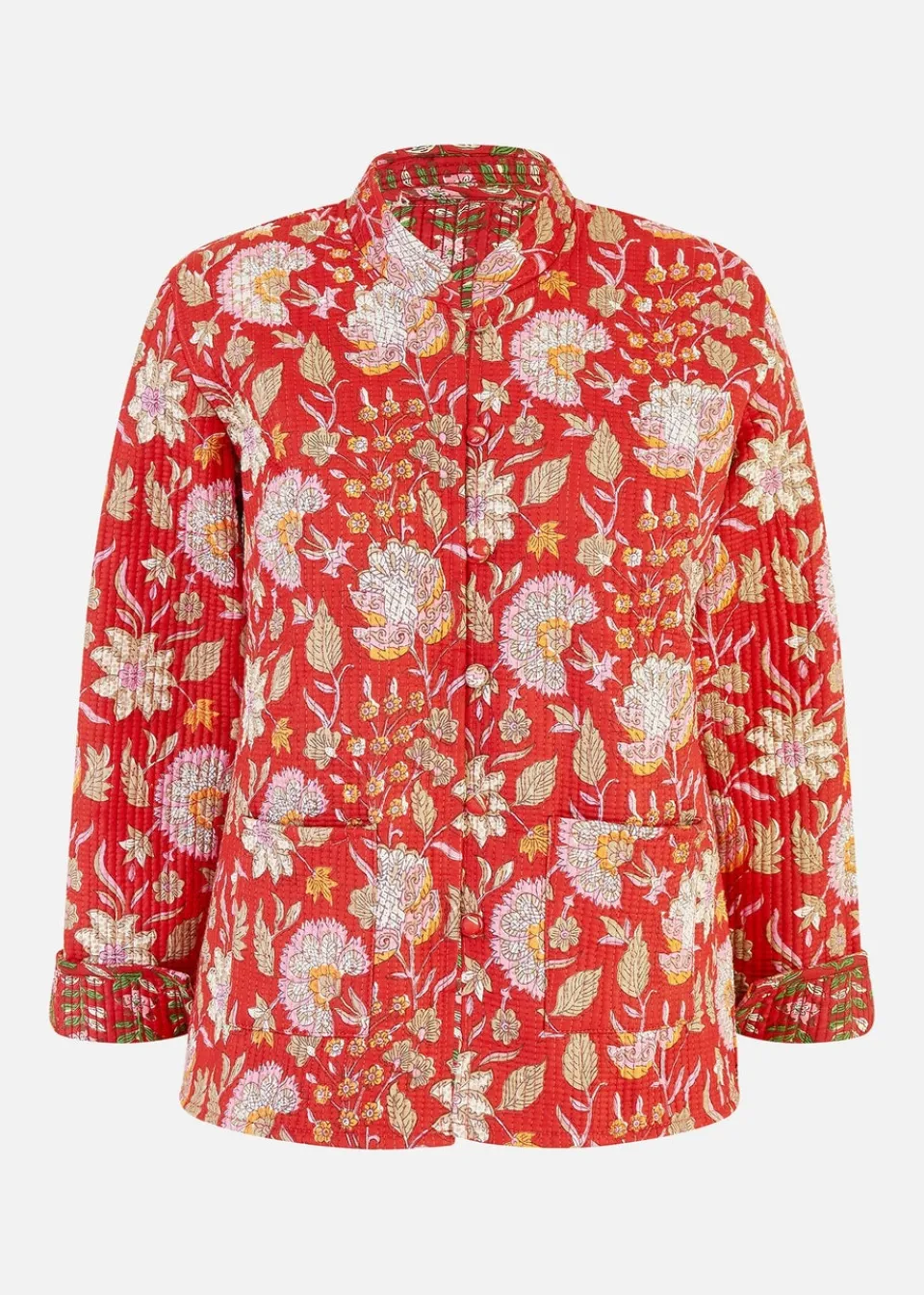 Coats & Jackets>Yumi Red Floral Print Reversible Cotton Quilted Jacket