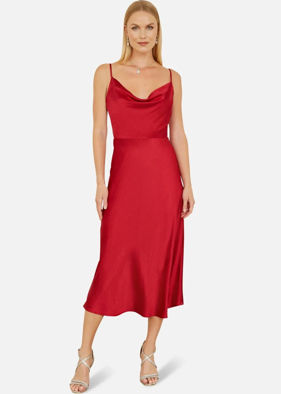 Dresses>Yumi Red Satin Cowl Neck Midi Dress