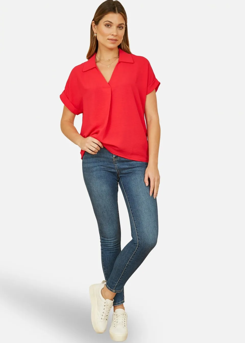 Tops>Yumi Red Stretch Relaxed Top With Collar