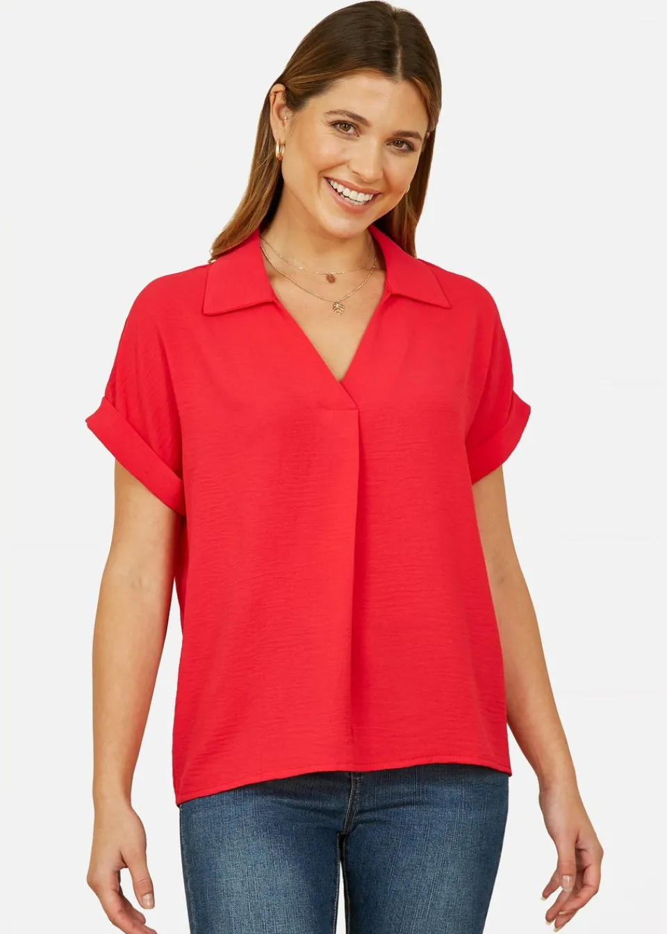Tops>Yumi Red Stretch Relaxed Top With Collar