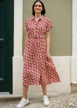 Dresses>Yumi Red Viscose Midi Shirt Dress With Matching Belt