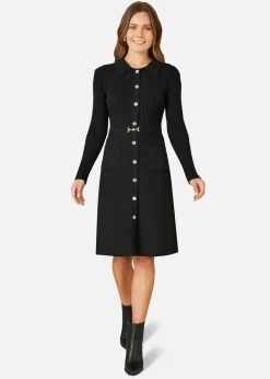Knitwear>Yumi Rib Knit Midi Shirt Dress With Snaffle Belt
