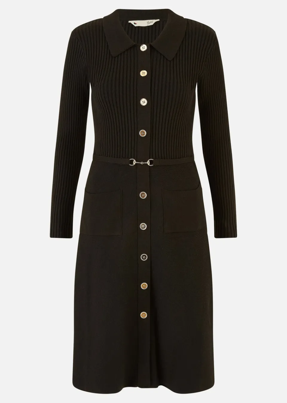 Knitwear>Yumi Rib Knit Midi Shirt Dress With Snaffle Belt