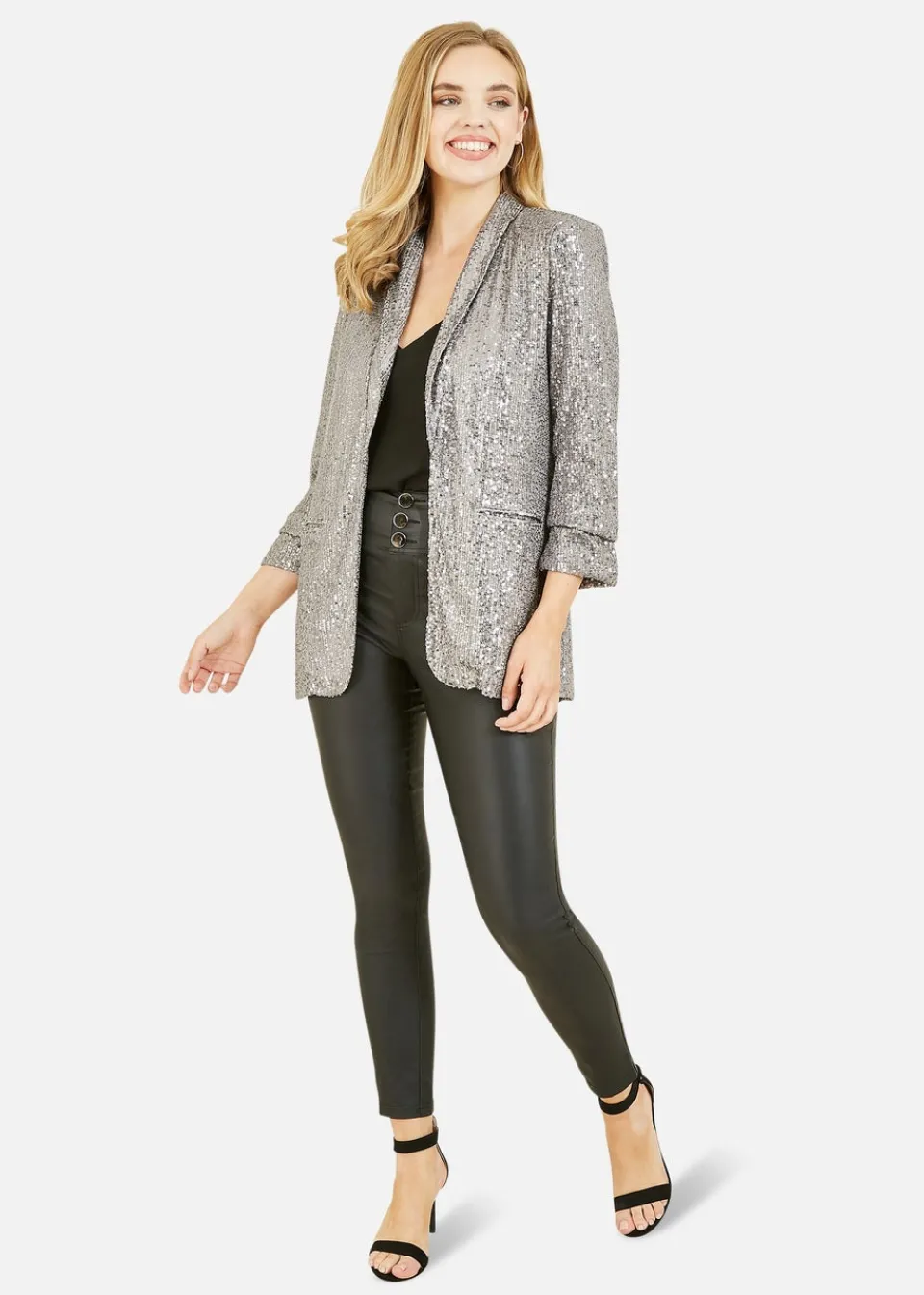 Coats & Jackets>Yumi Silver Sequin Blazer With Pockets