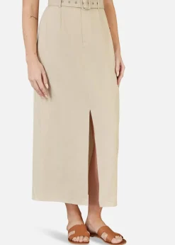 Skirts>Yumi Stone Cotton Midi Skirt With Belt And Split Hem