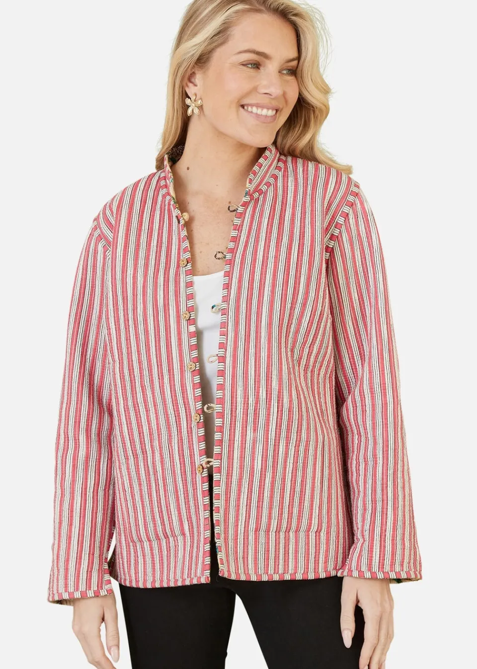 Coats & Jackets>Yumi Stone Floral Print Reversible Cotton Quilted Jacket
