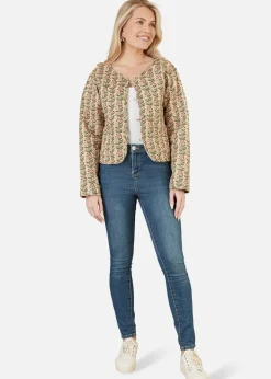 Coats & Jackets>Yumi Stone Floral Print Reversible Cotton Cropped Quilted Jacket