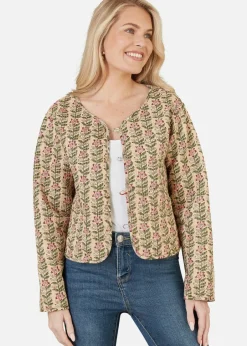 Coats & Jackets>Yumi Stone Floral Print Reversible Cotton Cropped Quilted Jacket