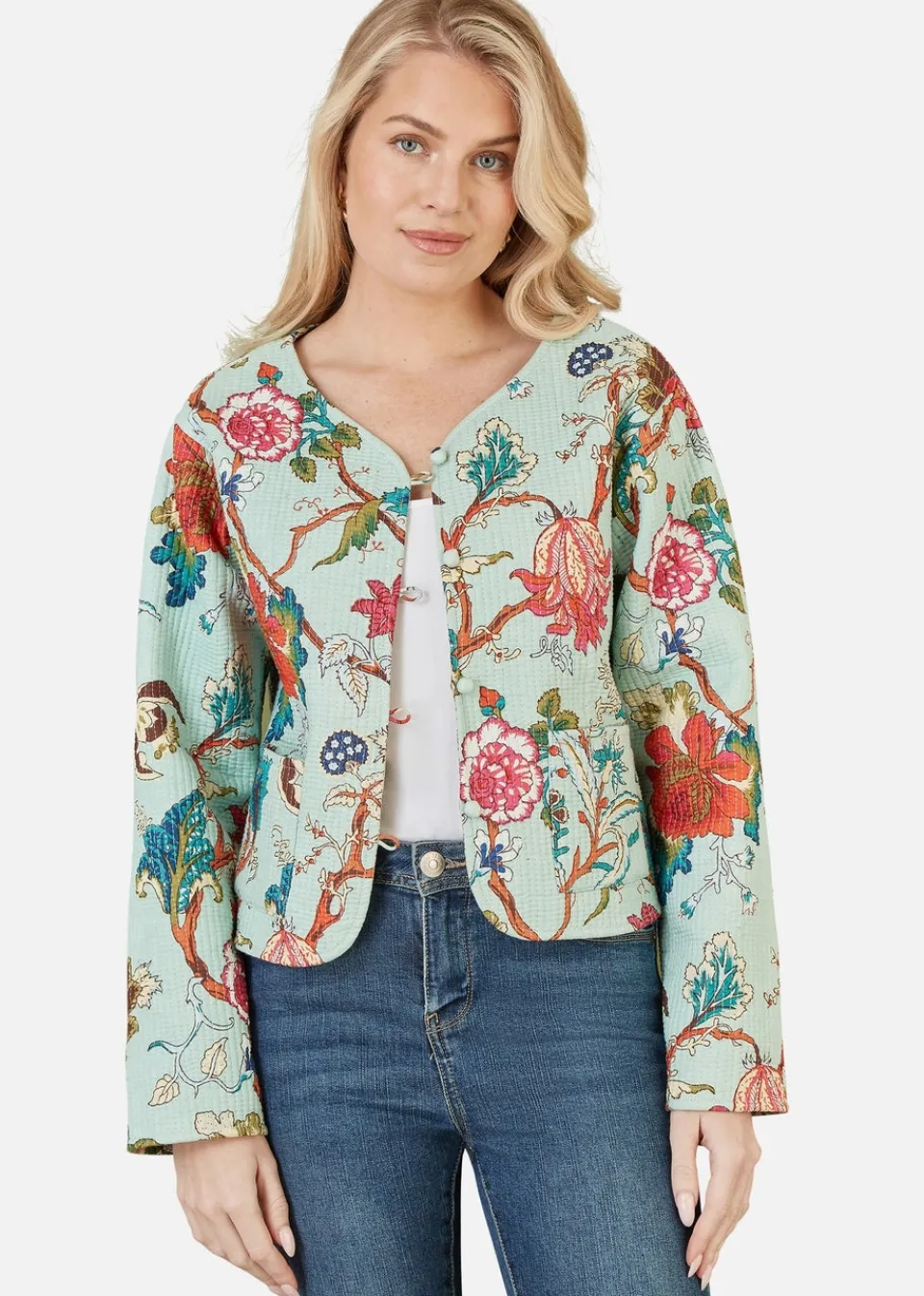 Coats & Jackets>Yumi Stone Floral Print Reversible Cotton Cropped Quilted Jacket