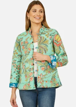 Coats & Jackets>Yumi Teal Floral Reversible Cotton Quilted Jacket