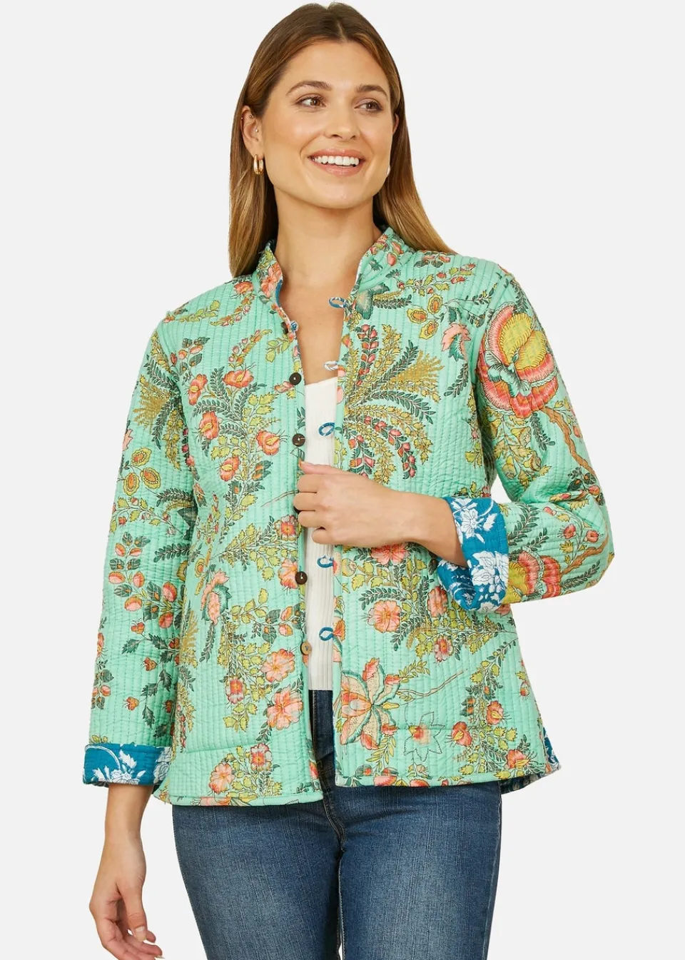 Coats & Jackets>Yumi Teal Floral Reversible Cotton Quilted Jacket