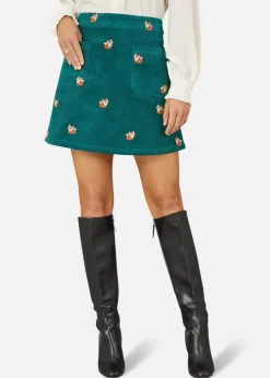 Skirts>Yumi Teal Fox Embroidered Cord Mini Skirt