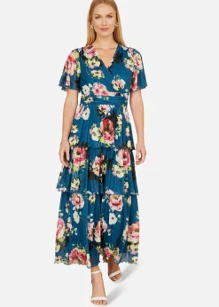 Dresses>Yumi Teal Green Floral Mesh Tiered Maxi Dress