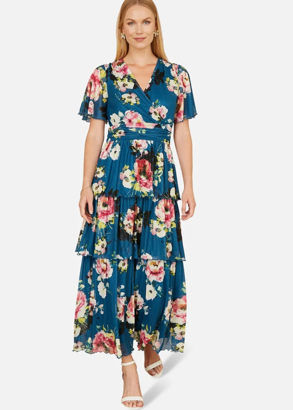 Dresses>Yumi Teal Green Floral Mesh Tiered Maxi Dress