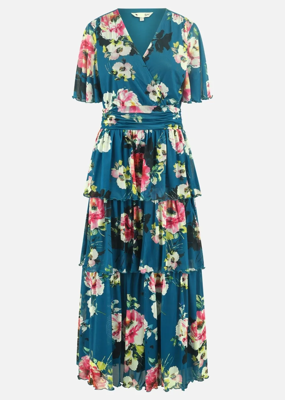 Dresses>Yumi Teal Green Floral Mesh Tiered Maxi Dress