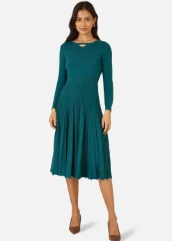 Knitwear>Yumi Teal Knitted Pleated Skater Dress With Notch Neckline