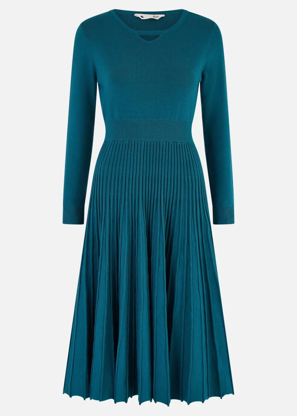 Knitwear>Yumi Teal Knitted Pleated Skater Dress With Notch Neckline