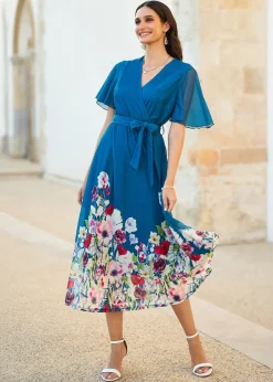 Dresses>Yumi Teal Mesh Wrap Midi Dress With Floral Hem Border