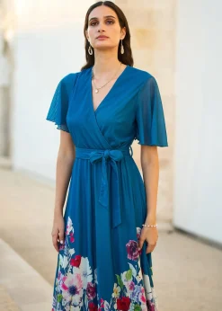 Dresses>Yumi Teal Mesh Wrap Midi Dress With Floral Hem Border