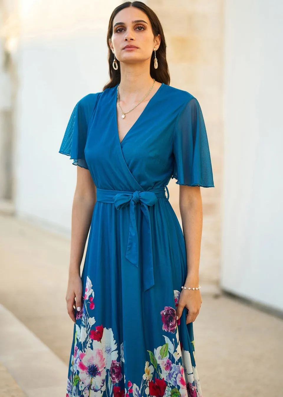 Dresses>Yumi Teal Mesh Wrap Midi Dress With Floral Hem Border