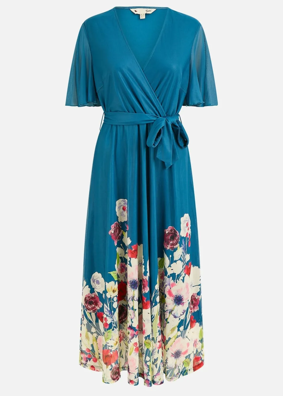 Dresses>Yumi Teal Mesh Wrap Midi Dress With Floral Hem Border