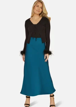 Skirts>Yumi Teal Satin Midi Skirt