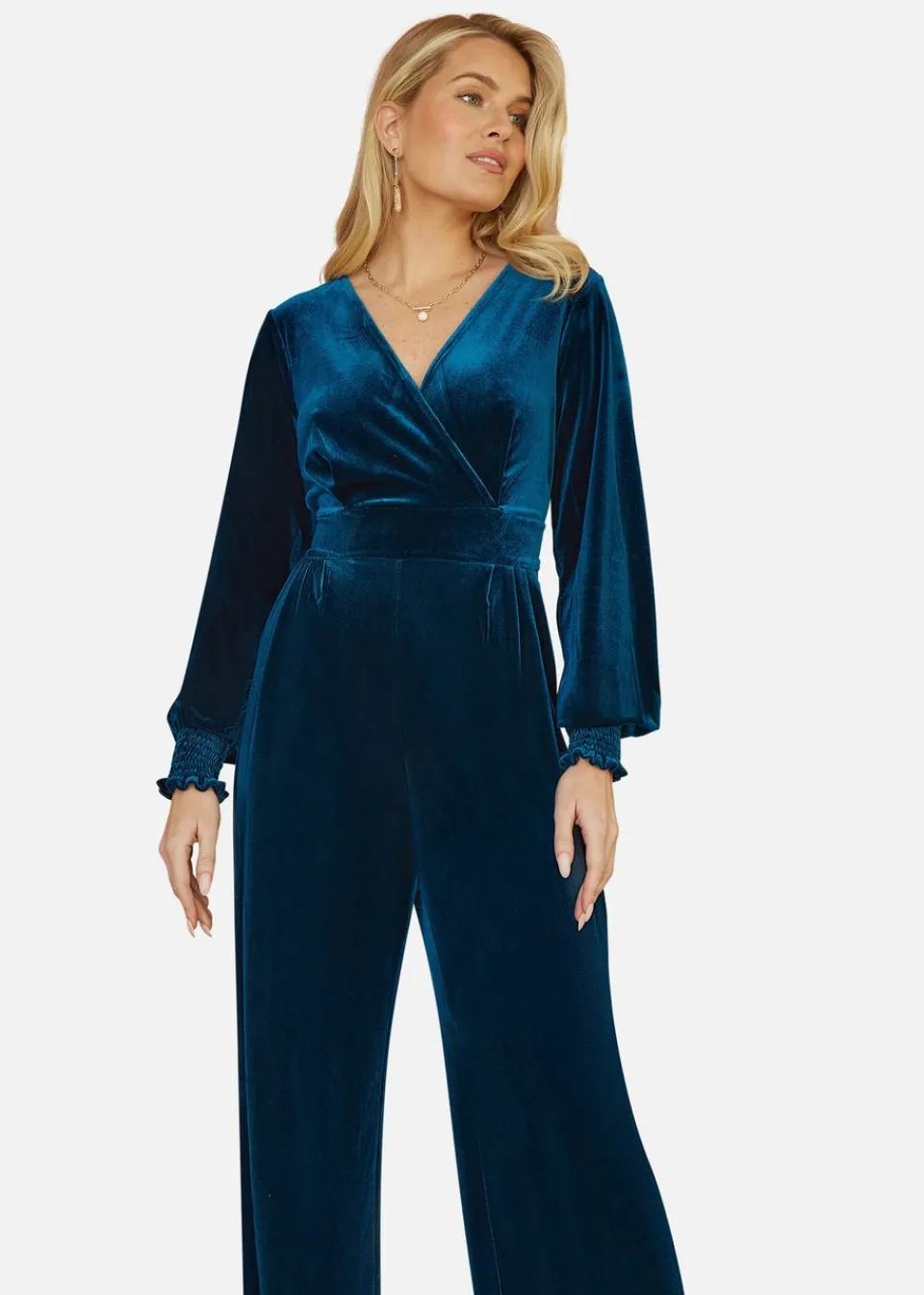 Jumpsuits & Playsuits>Yumi Teal Velvet Long sleeve Jumpsuit