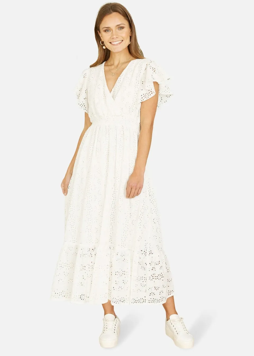 Dresses>Yumi White Cotton Broderie Anglaise Wrap Midi Dress