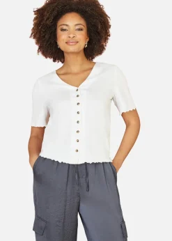 T-Shirts>Yumi White Cotton Button Detail T-Shirt