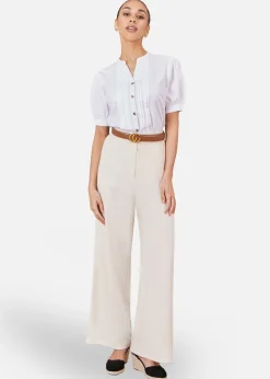 Blouses & Shirts>Yumi White Cotton Pleated Short Sleeve Shirt