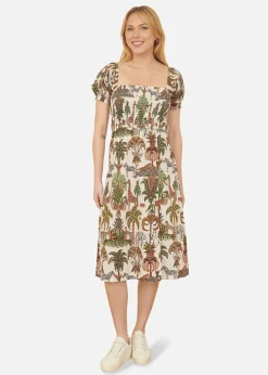 Dresses>Yumi White Cotton Safari Print Ruched Midi Dress