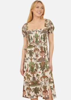 Dresses>Yumi White Cotton Safari Print Ruched Midi Dress