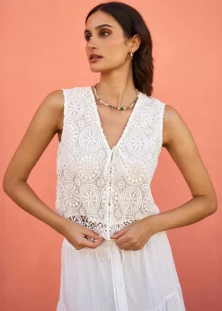 Tops>Yumi White Crochet Lace Tie Waistcoat