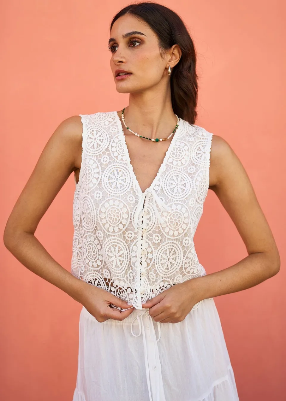 Tops>Yumi White Crochet Lace Tie Waistcoat