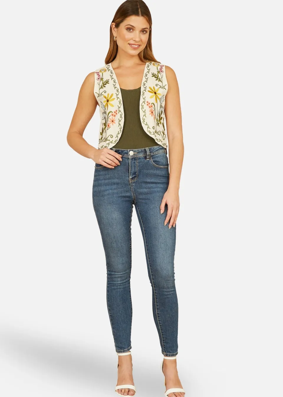 Tops>Yumi White Floral Embroidered Cotton Waist Coat
