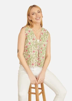 Coats & Jackets>Yumi White Floral Reversible Cotton Quilted Waistcoat