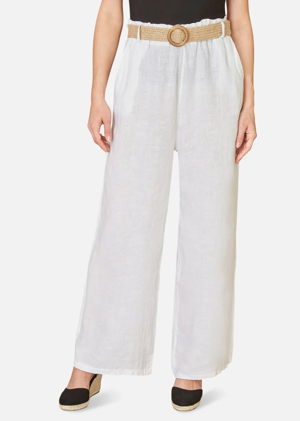 Trousers>Yumi Italian Linen Wide Leg Trousers With Belt White