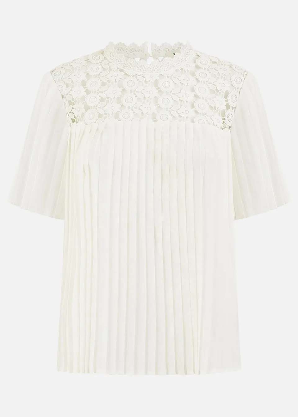 T-Shirts>Yumi White Lace Panel Pleated Short Sleeve Top