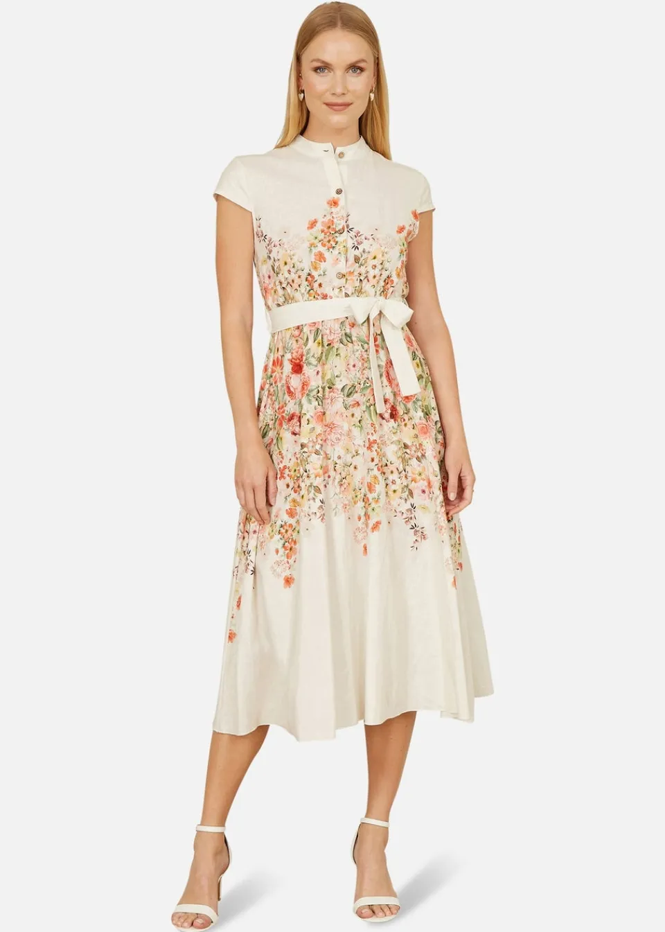 Dresses>Yumi White Linen Floral Mirrored Placement Skater Dress