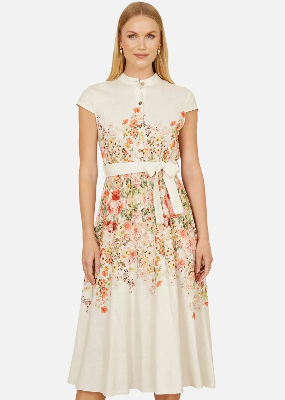 Dresses>Yumi White Linen Floral Mirrored Placement Skater Dress