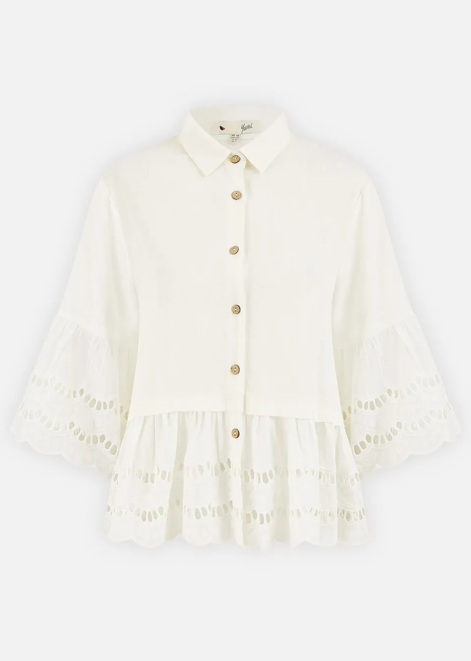 Tops>Yumi White Linen Relaxed Shirt With Scallop Trims