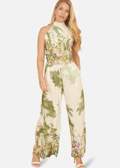 Tops>Yumi White Palm Print Halter Neck Top