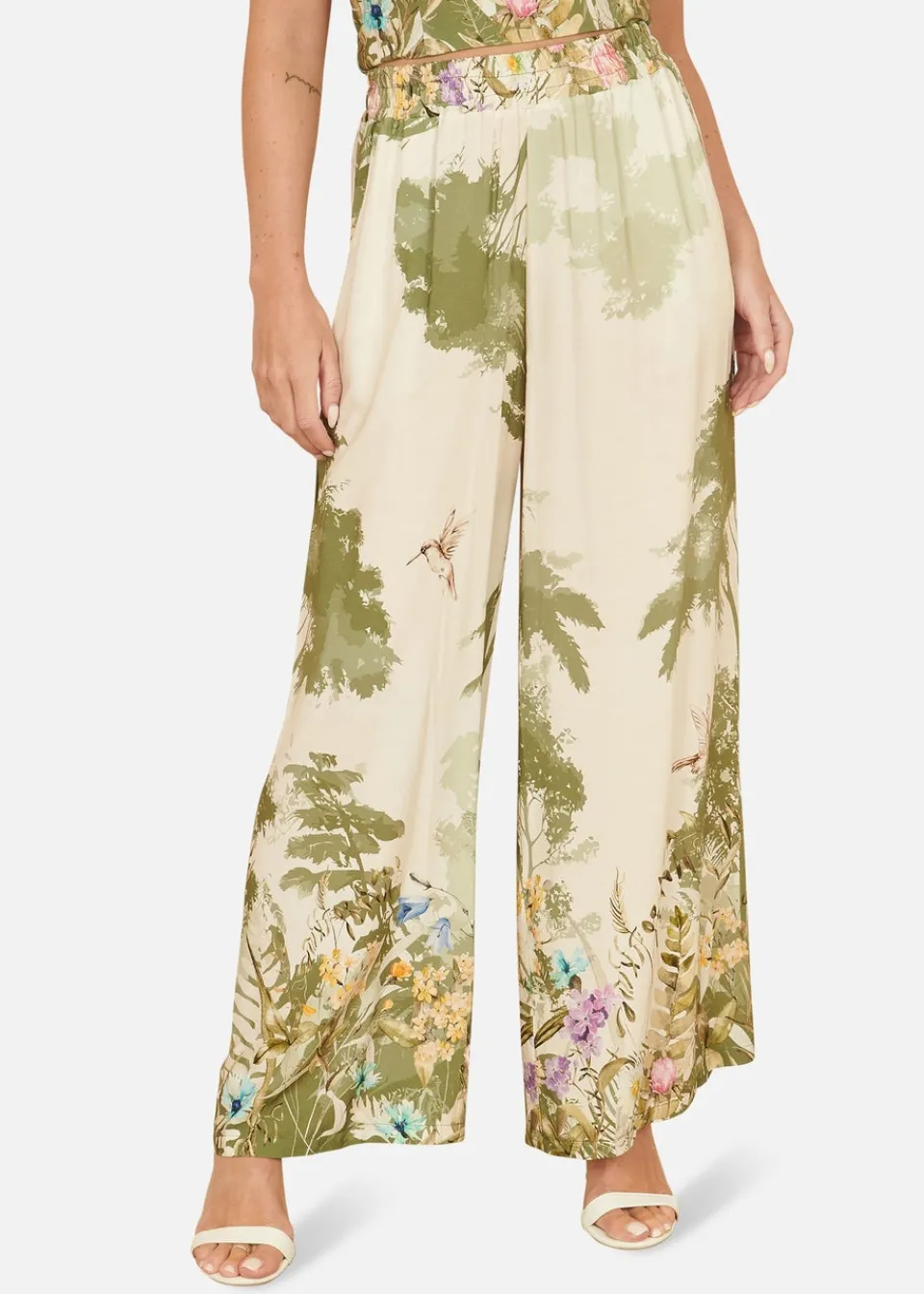 Trousers>Yumi White Palm Print Wide Leg Trousers