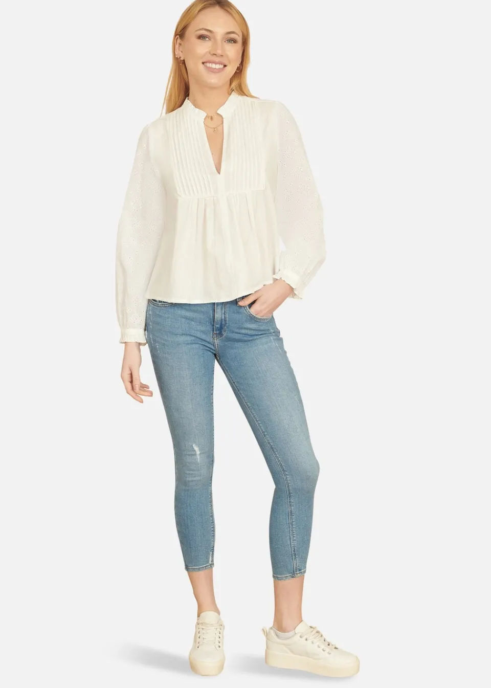 Tops>Yumi White Pleated Cotton Bib Shirt