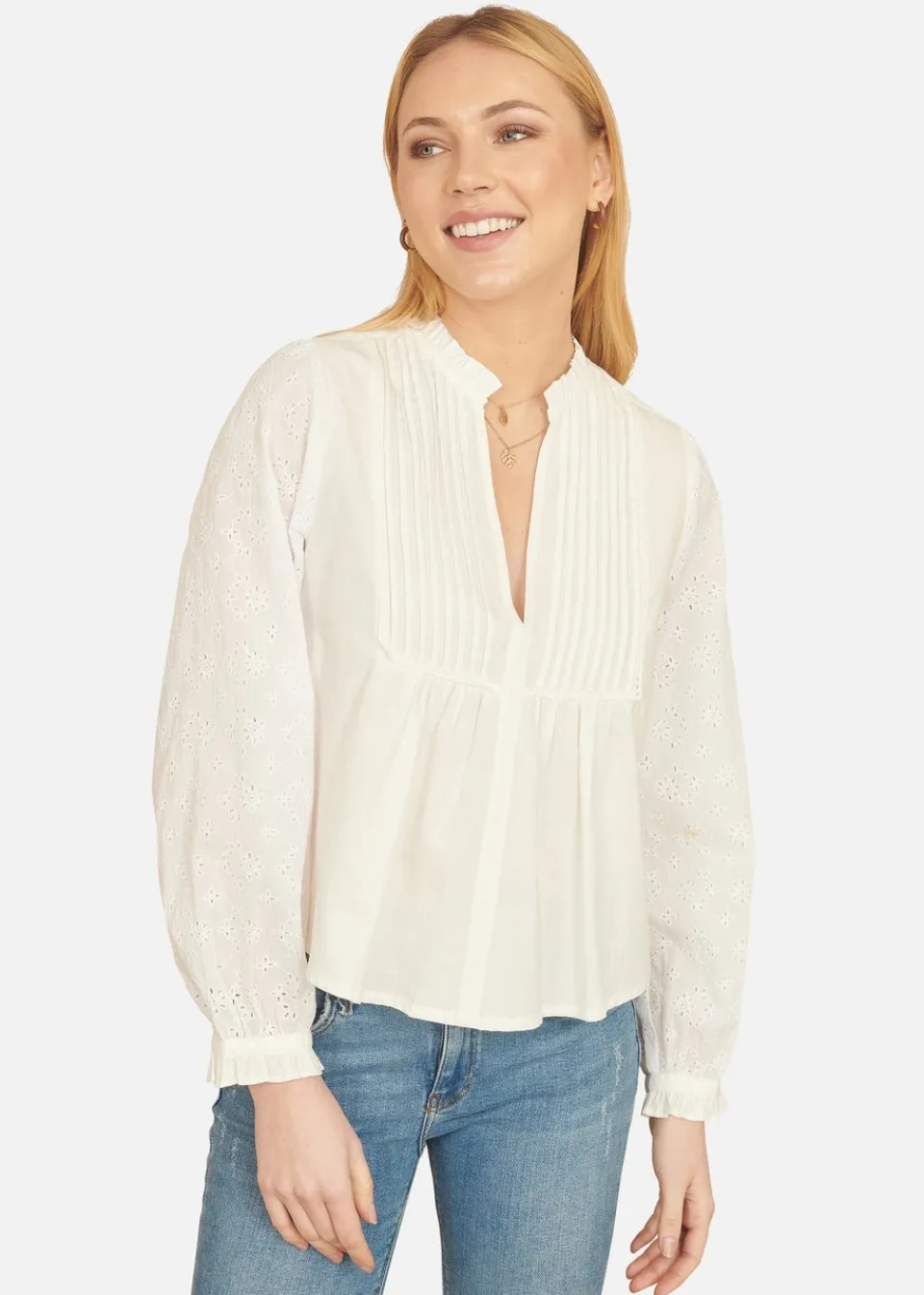 Tops>Yumi White Pleated Cotton Bib Shirt