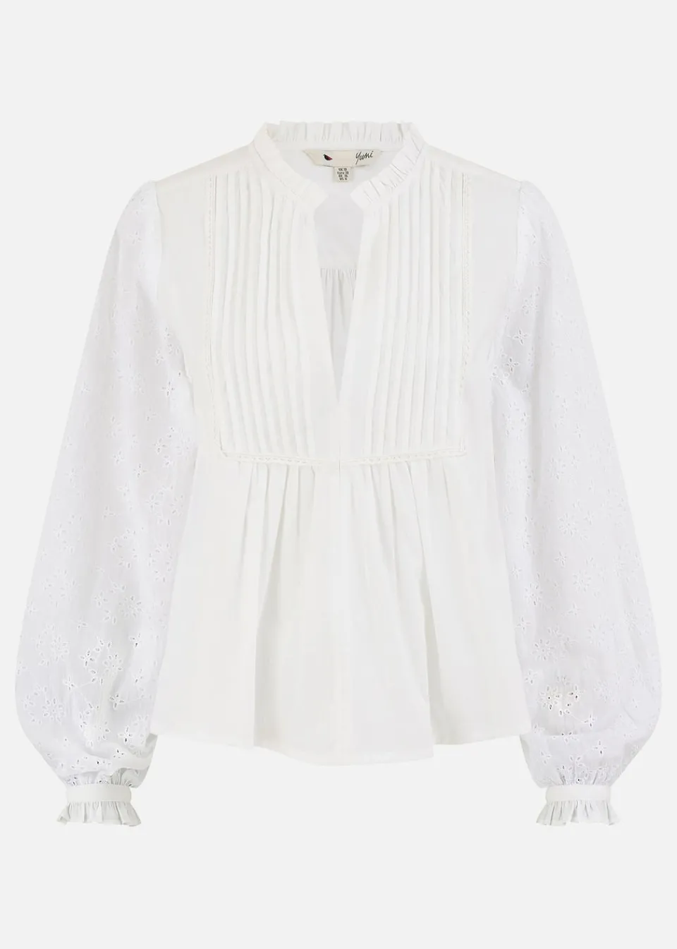 Tops>Yumi White Pleated Cotton Bib Shirt