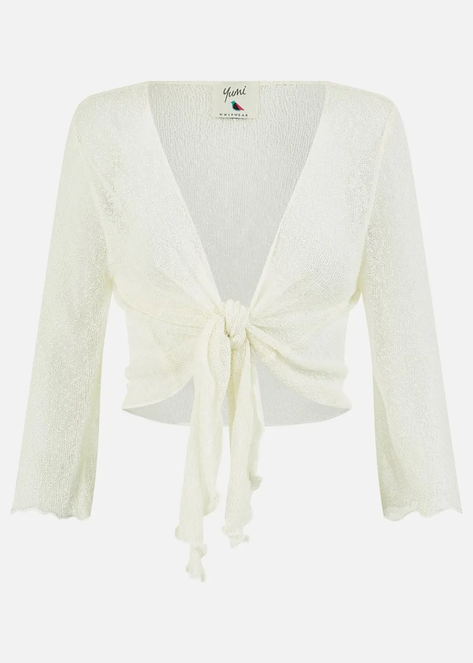 Tops>Yumi White Popcorn Yarn Tie Front Bolero